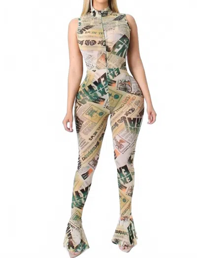 Last Queen Newspaper Print Jumpsuit In Ivory In Multi