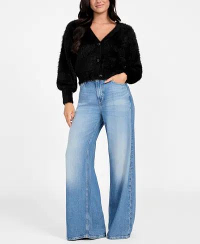 Guess Women's Keyla Rhinestone-button Cardigan Sweater In Black