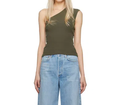 Agolde Nessa Ribbed One-shoulder Tank Top In Olive Green In Green