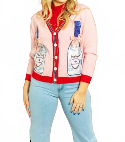 Grace + Emma Champagne Bottle Patches Cardigan In Pink In Pink