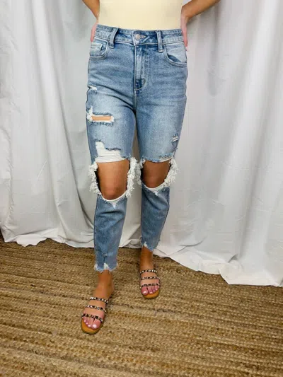 Cello Next Stop London High Rise Distressed Jeans In Mid Wash In Blue