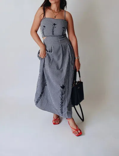 Hersy Gingham Embroidered Midi Dress In Black & White In Black