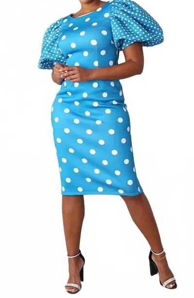 For Her Nyc Puff Sleeves Polka Dot Midi Dress In Blue White In Blue