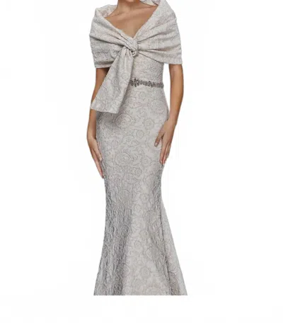 Terani Couture Off The Shoulder Gown With Wrap In Champagne In Gray