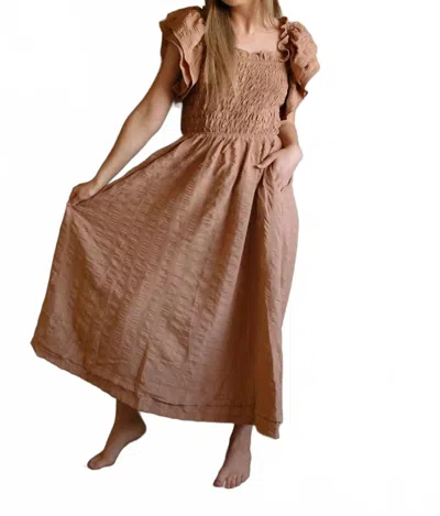 Miou Muse Ruffled Sleeve Seersucker Midi Dress In Mocha In Brown