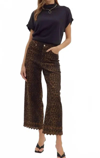 Entro Wide Leg Eyelet Trimmed Pants In Leopard In Brown