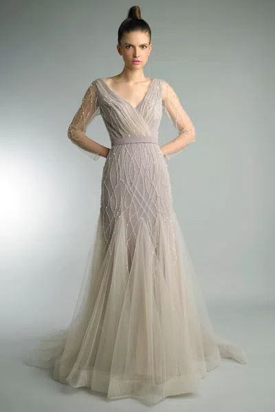 Basix Black Label V Neck Long Sleeve Godet A Line Gown In Gray