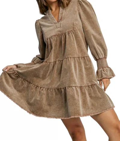 Umgee Corduroy V-neck Babydoll Dress In Mocha In Brown
