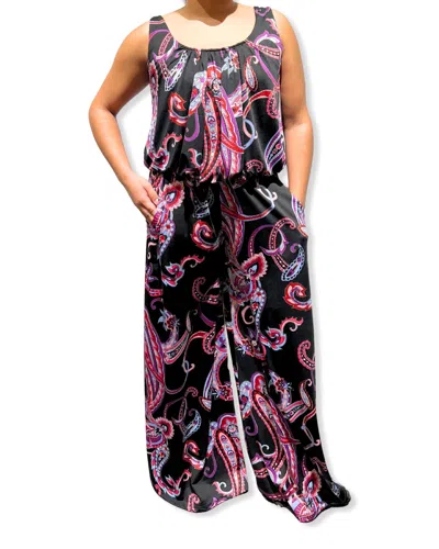 Alyssa Thomas Scoop Neck Tank Jumpsuit In Black/pink Paisley In Multi