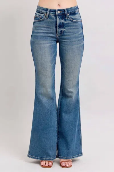 Judy Blue Mid Rise Tummy Control Vintage Back Shield Flare Jean In Medium Wash In Blue