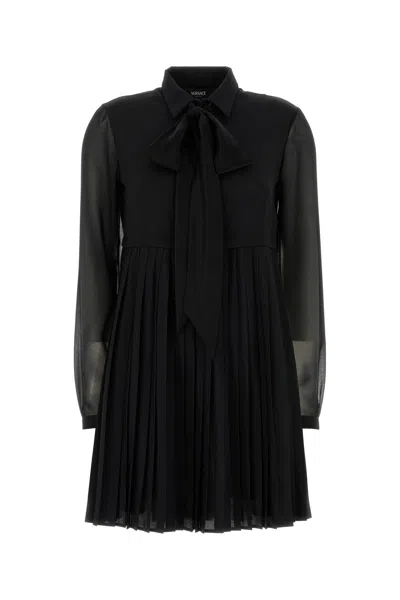 Versace Mini Dress With Pleated Skirt And Sheer Sleeves In Black