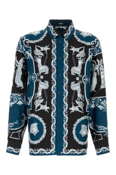 Versace Silk Shirt With Printed Design And Button-down Collar In Blue