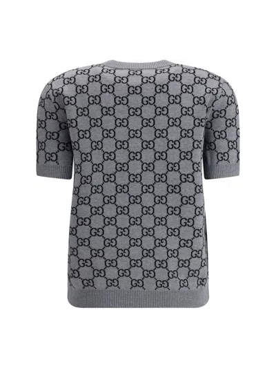Gucci Grey Reversible Crewneck Sweater With Ribbed Trims In Gg Wool Jacquard Woman In Gray