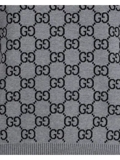 Gucci Grey Reversible Crewneck Sweater With Ribbed Trims In Gg Wool Jacquard Woman In Gray