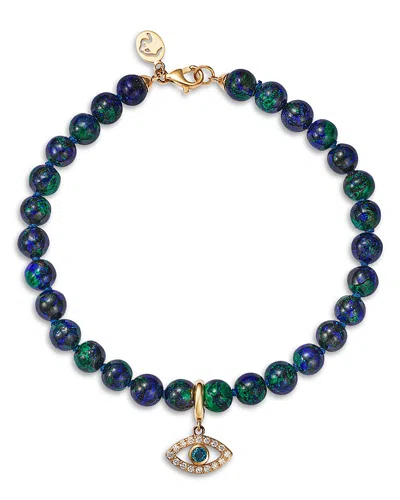 Bloomingdale's Fine Collection Azurate, Blue Topaz & Diamond Evil Eye Beaded Bracelet In 14k Yellow Gold In Blue