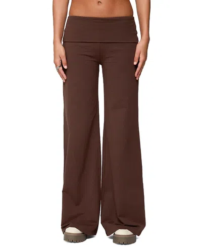 Edikted Wide Leg Fold Over Pants In Brown