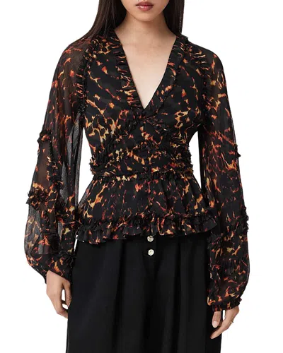 Allsaints Ruffled Animal-print Blouse In Brown