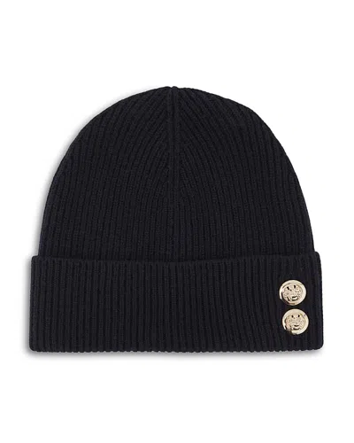 Reiss Navy Merino Wool Blend Button Beanie With Cashmere In Black