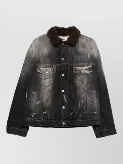 Acne Studios Distressed Denim Jacket With Faux Fur Collar In Black