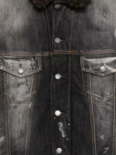 Acne Studios Distressed Denim Jacket With Faux Fur Collar In Black