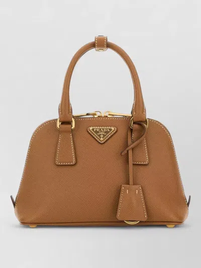 Prada Leather Handbag With Top Handles And Gold-tone Hardware In Brown