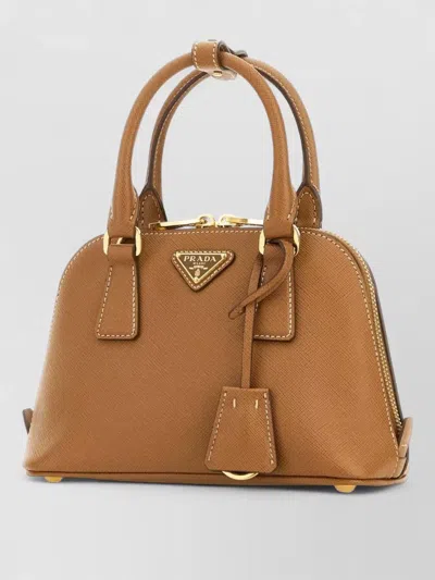 Prada Leather Handbag With Top Handles And Gold-tone Hardware In Brown
