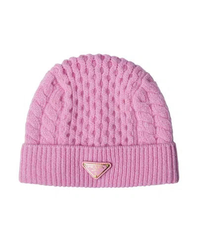 Prada Womens Pink Logo-plaque Wool Beanie In Pink
