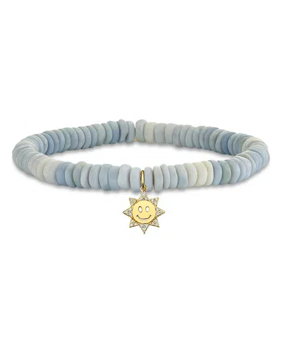 Sydney Evan 14k Yellow Gold Diamond & Blue Opal Small Happy Face Sun Charm Beaded Bracelet In Blue