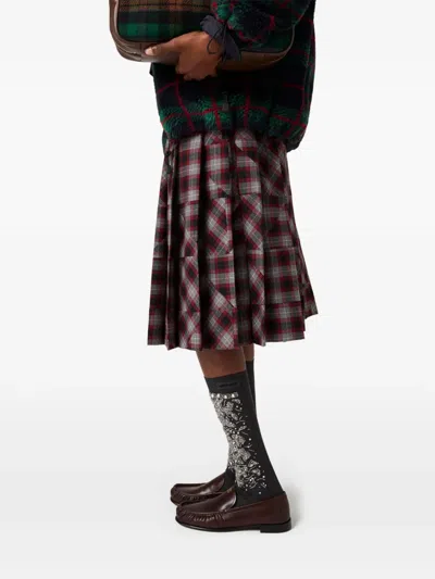 Miu Miu Tartan Patchwork Midi Skirt In Brown