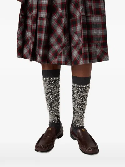 Miu Miu Tartan Patchwork Midi Skirt In Brown