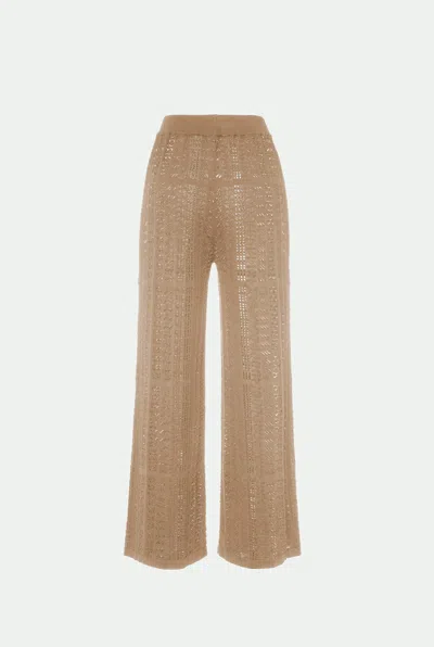 Malo High Waist Crochet Sheer Wide Leg Trousers In Brown