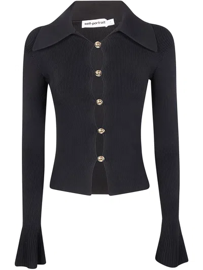 Self-portrait Button Down Knit Top In Black