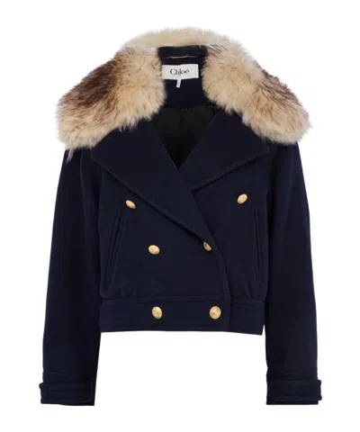 Chloé Double-breasted Fur Collar Gold Buttons Jacket In Blue