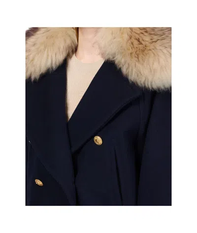 Chloé Double-breasted Fur Collar Gold Buttons Jacket In Blue