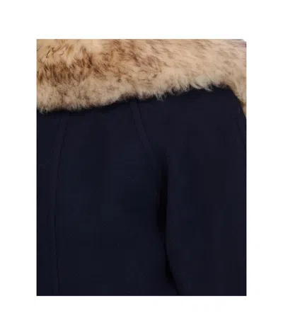 Chloé Double-breasted Fur Collar Gold Buttons Jacket In Blue