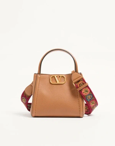 Valentino Garavani  Garavani Alltime Small Handbag In Grainy Calfskin With Embroidered Ribb In Sand