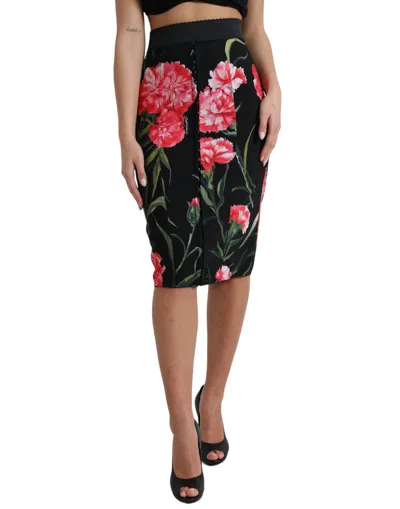 Dolce & Gabbana Black Carnation Pencil Cut Knee Length Skirt In Multi