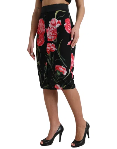 Dolce & Gabbana Black Carnation Pencil Cut Knee Length Skirt In Multi
