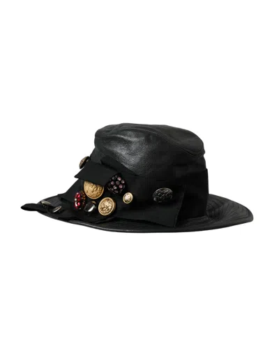 Dolce & Gabbana Black Leather Dg Coin Crystal Wide Brim Women's Hat In Black