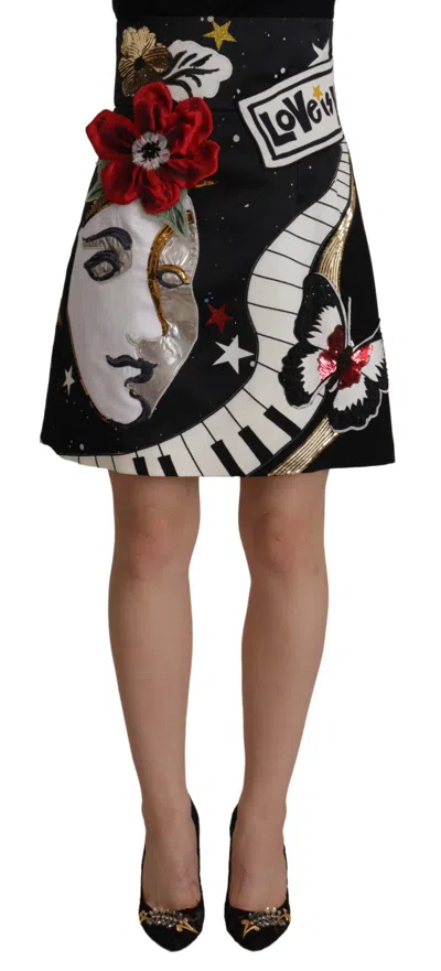 Dolce & Gabbana Black Love Clock Sequined Piano Skirt In Multi
