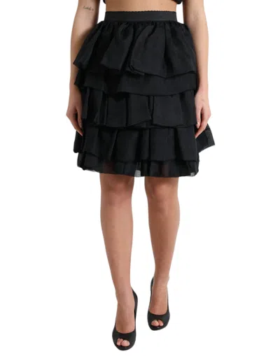 Dolce & Gabbana Black Tiered Aline High Waist Silk Mini Skirt In Black