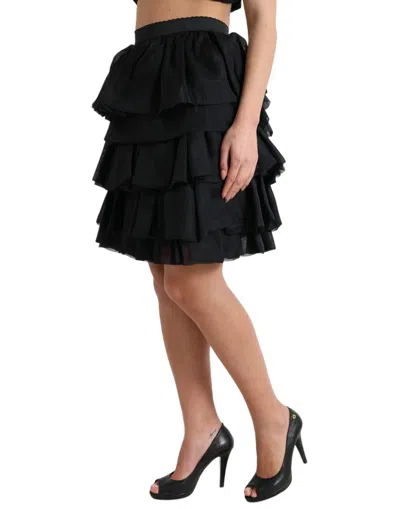 Dolce & Gabbana Black Tiered Aline High Waist Silk Mini Skirt In Black