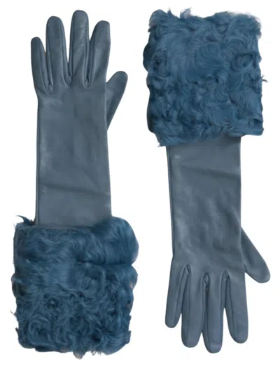 Dolce & Gabbana Blue Leather Fur Mid Arm Length Gloves In Blue
