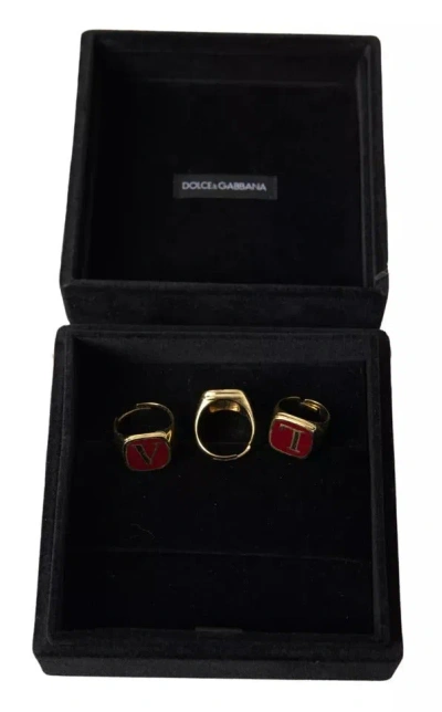 Pre-owned Dolce & Gabbana Gold Brass Love Enamel Set Of 3 Women's Ring ()