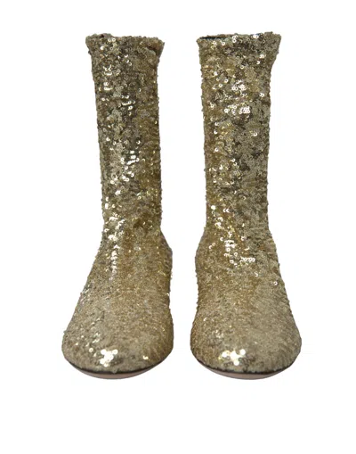 Dolce & Gabbana Gold Sequined Short Boots Stretch Women's Shoes In Gold