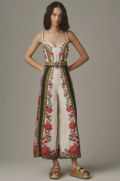Farm Rio Wonder Rio Belted Embellished Printed Linen Jumpsuit In Multi
