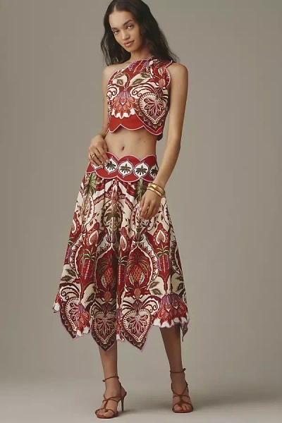 Farm Rio Odara Linen Blend Scalloped Midi Skirt In Brown