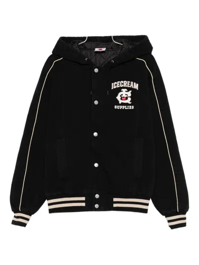 Icecream Cotton Hooded Bomber Jacket In Black