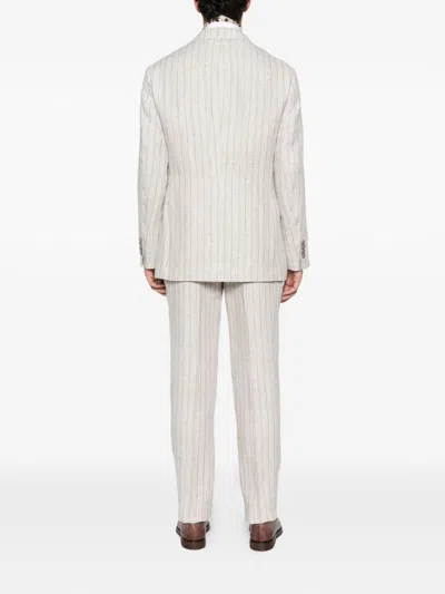 Brunello Cucinelli Striped Linen Double-breasted Suit Jacket In White