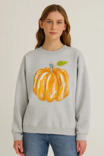 Truedames Pumpkin Print Sweater In Gray